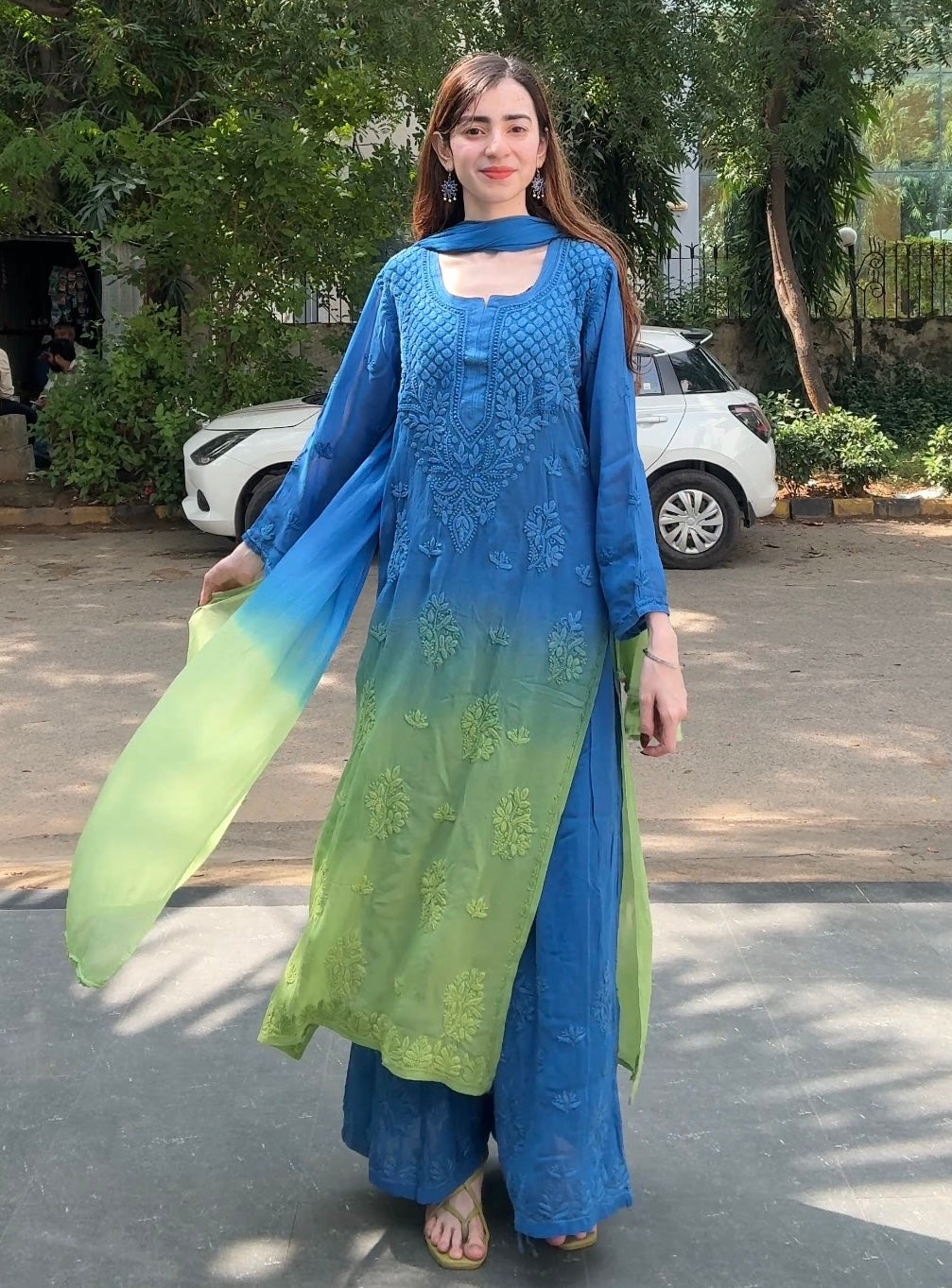 Viscose Fabric Dual Shade Kurti Palazzo Dupatta Set