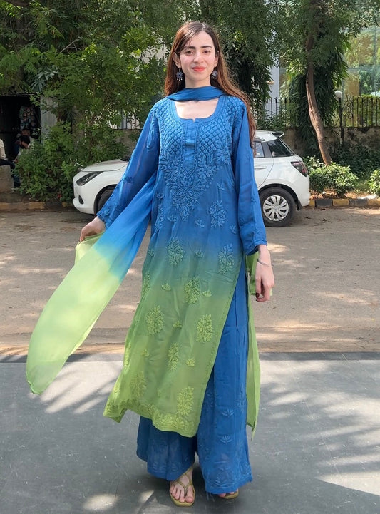 Viscose Fabric Dual Shade Kurti Palazzo Dupatta Set