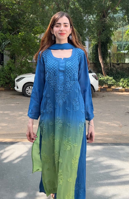 Viscose Fabric Dual Shade Kurti Palazzo Dupatta Set