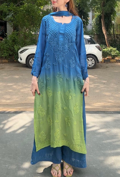 Viscose Fabric Dual Shade Kurti Palazzo Dupatta Set