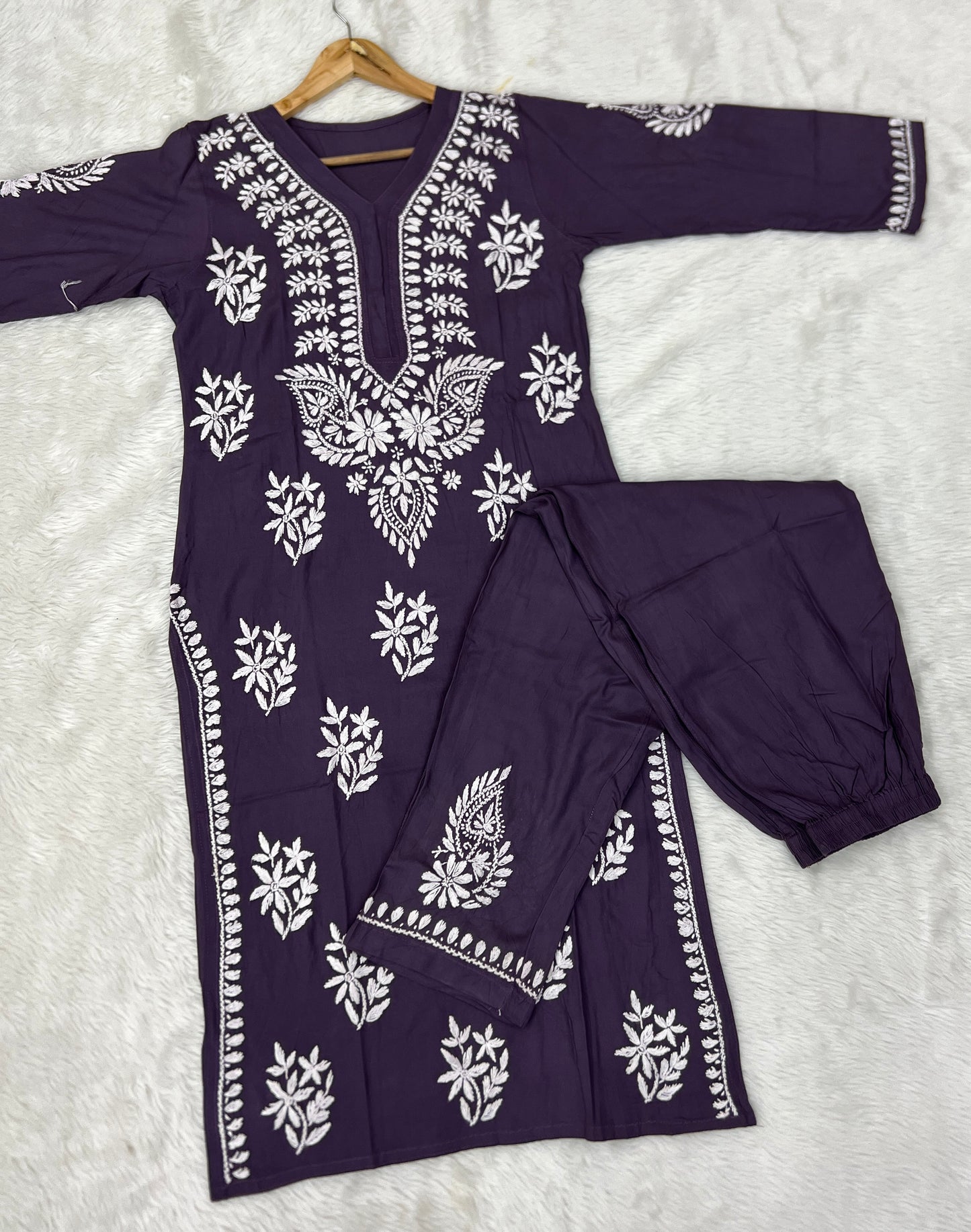 Rayon Fabric V-Neck Chikankari kurti & Pant Set