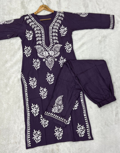 Rayon Fabric V-Neck Chikankari kurti & Pant Set