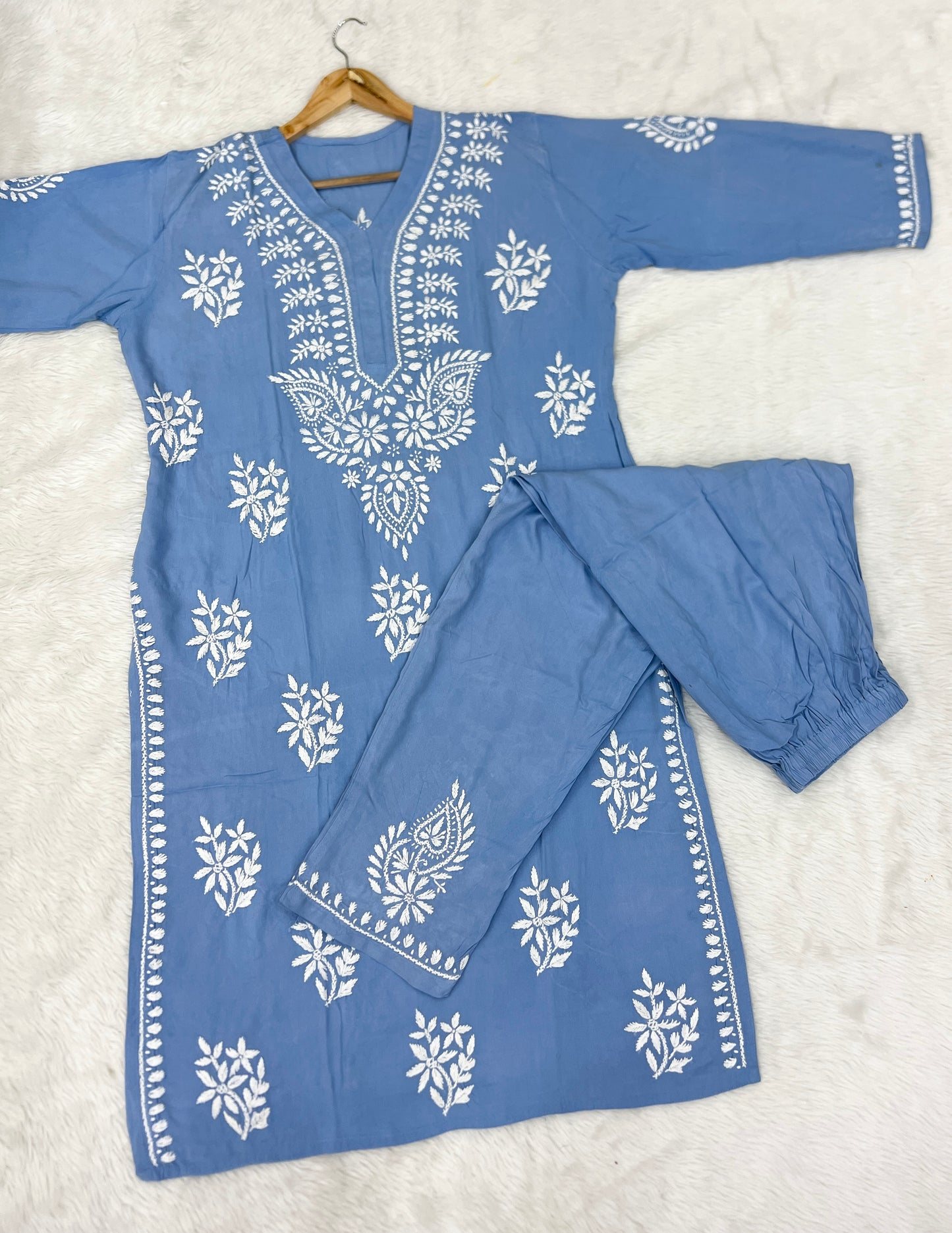Rayon Fabric V-Neck Chikankari kurti & Pant Set