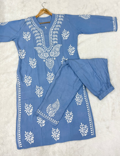 Rayon Fabric V-Neck Chikankari kurti & Pant Set