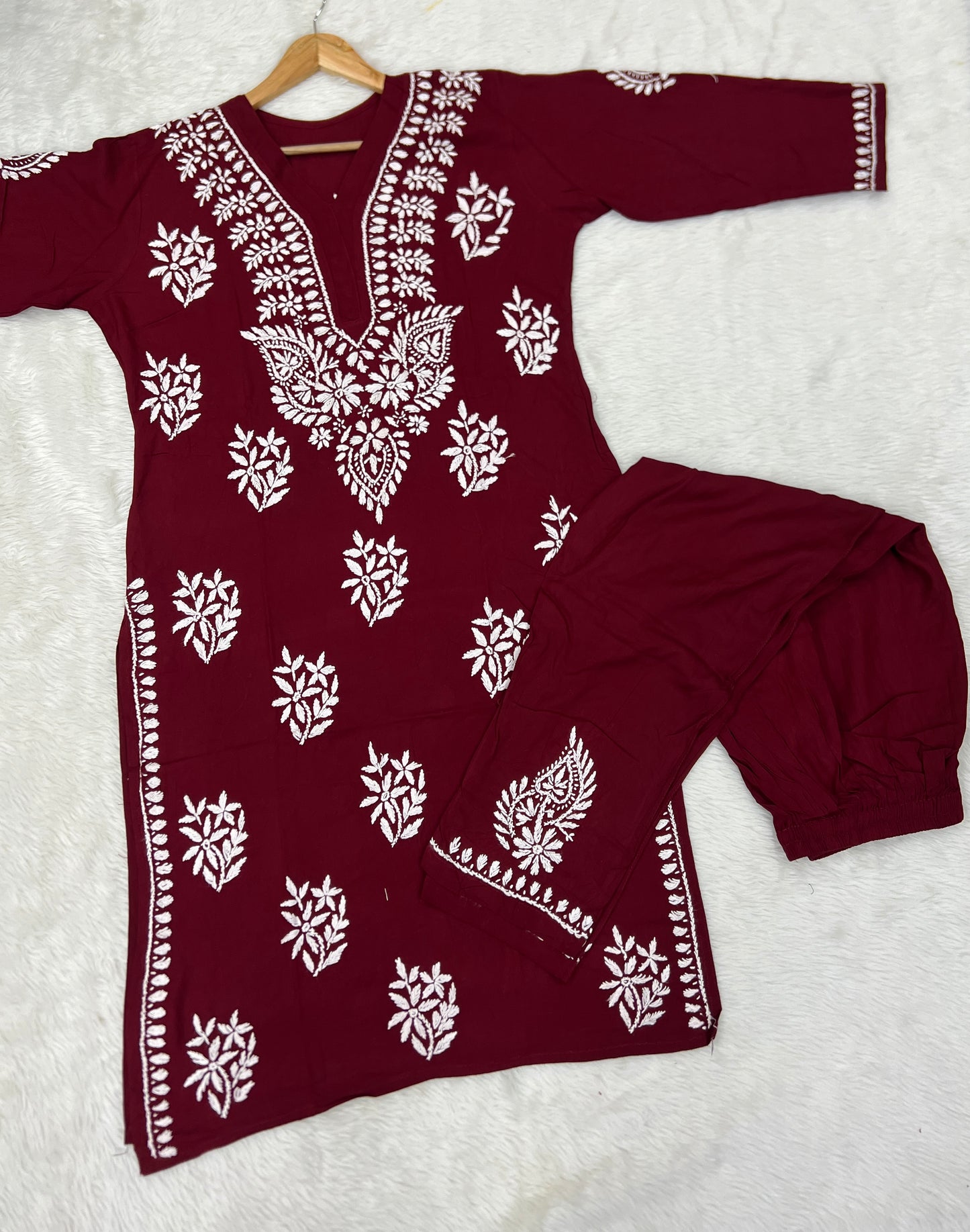 Rayon Fabric V-Neck Chikankari kurti & Pant Set
