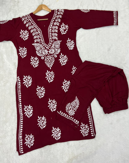 Rayon Fabric V-Neck Chikankari kurti & Pant Set