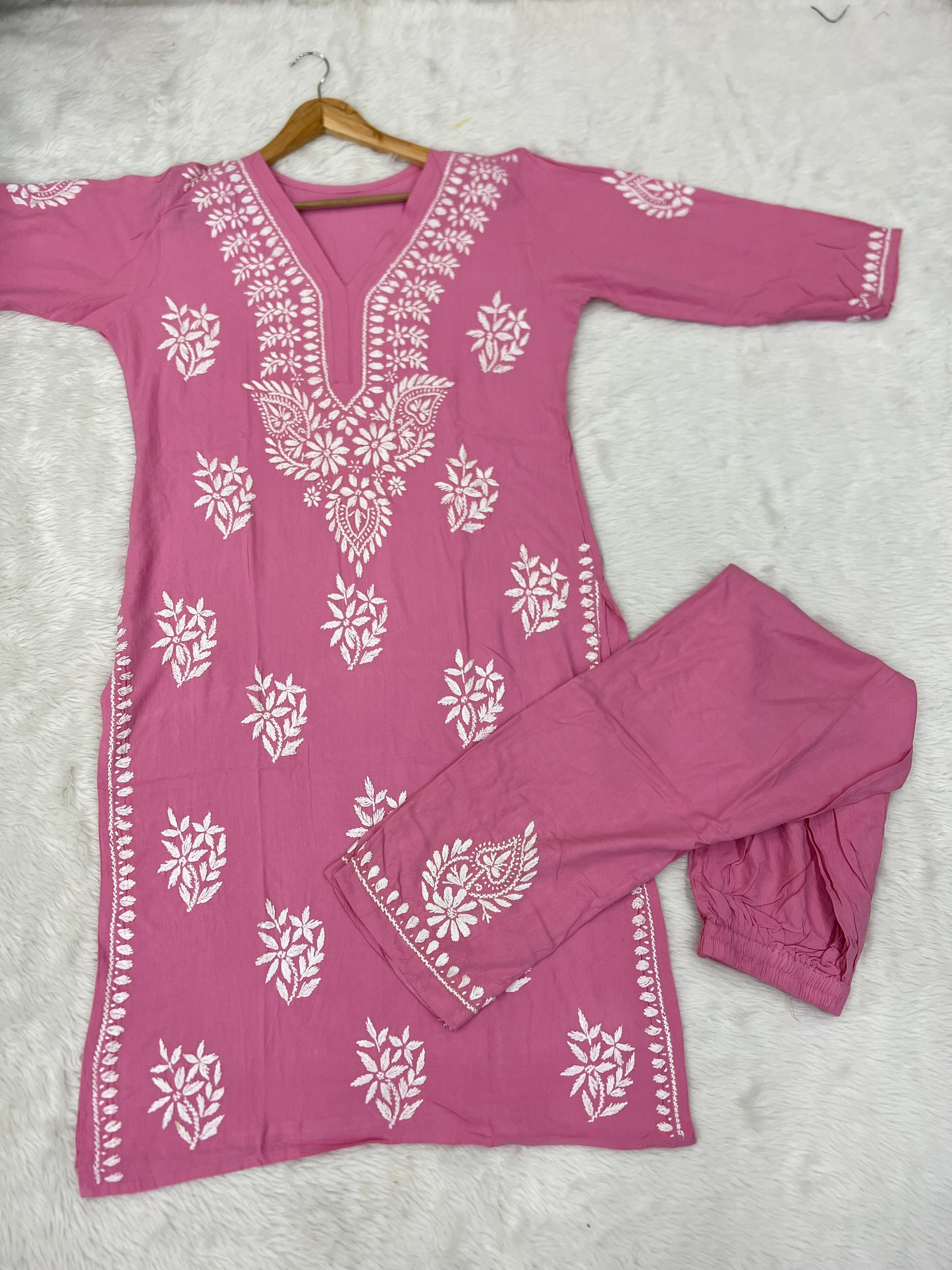 Rayon Fabric V-Neck Chikankari kurti & Pant Set