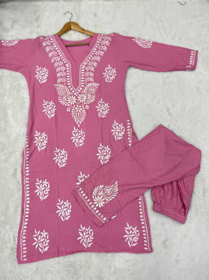Rayon Fabric V-Neck Chikankari kurti & Pant Set