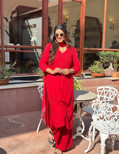 Hand Crafted Chikanakri Soft Rayon Fabric Kurti Palazo & Dupatta Sets