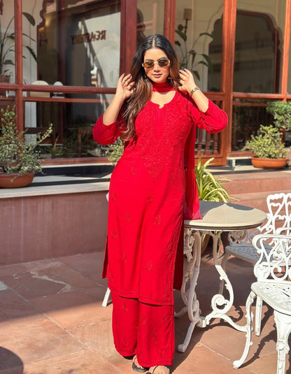 Hand Crafted Chikanakri Soft Rayon Fabric Kurti Palazo & Dupatta Sets