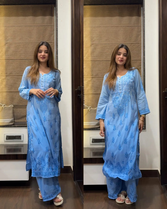 Handcrafted Elegance: Modal Chikankari Kurti & Palazzo Set