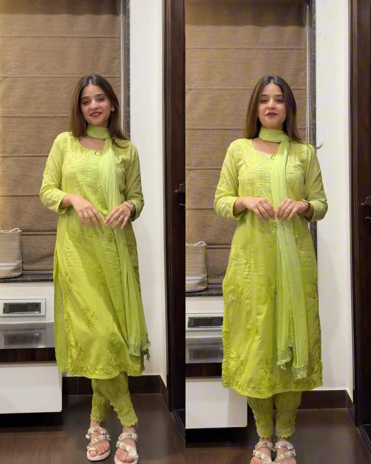 Dobby Cotton Handwork Chikankari Ombre Kurti with Afgani Pant & Dupatta Set