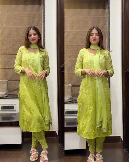 Dobby Cotton Handwork Chikankari Ombre Kurti with Afgani Pant & Dupatta Set