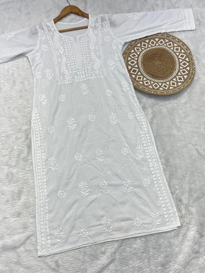 Cambric Cotton Chikankari Handwork White Kurti
