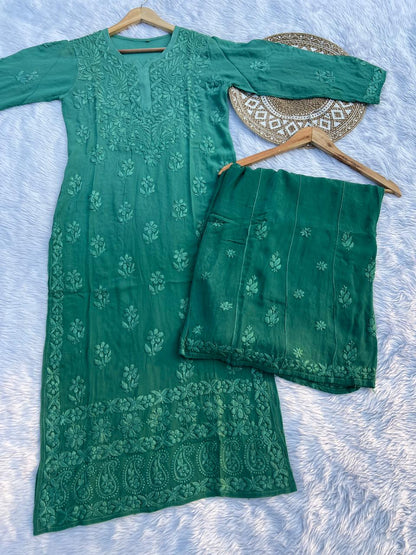 Roohaniyat Ombre Viscose Handwork Kurti & Palazzo Set – Premium Chikankari Elegance