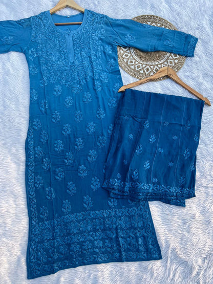 Roohaniyat Ombre Viscose Handwork Kurti & Palazzo Set – Premium Chikankari Elegance
