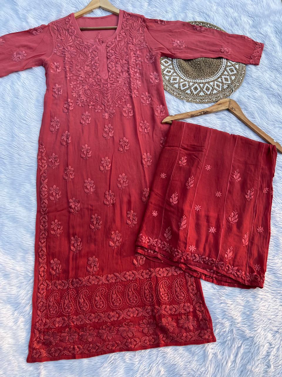 Roohaniyat Ombre Viscose Handwork Kurti & Palazzo Set – Premium Chikankari Elegance