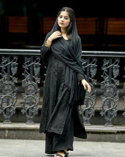 Muqaish Work Lucknowi Chikankari Handwork Rayon Kurti Palazzo Dupatta Set