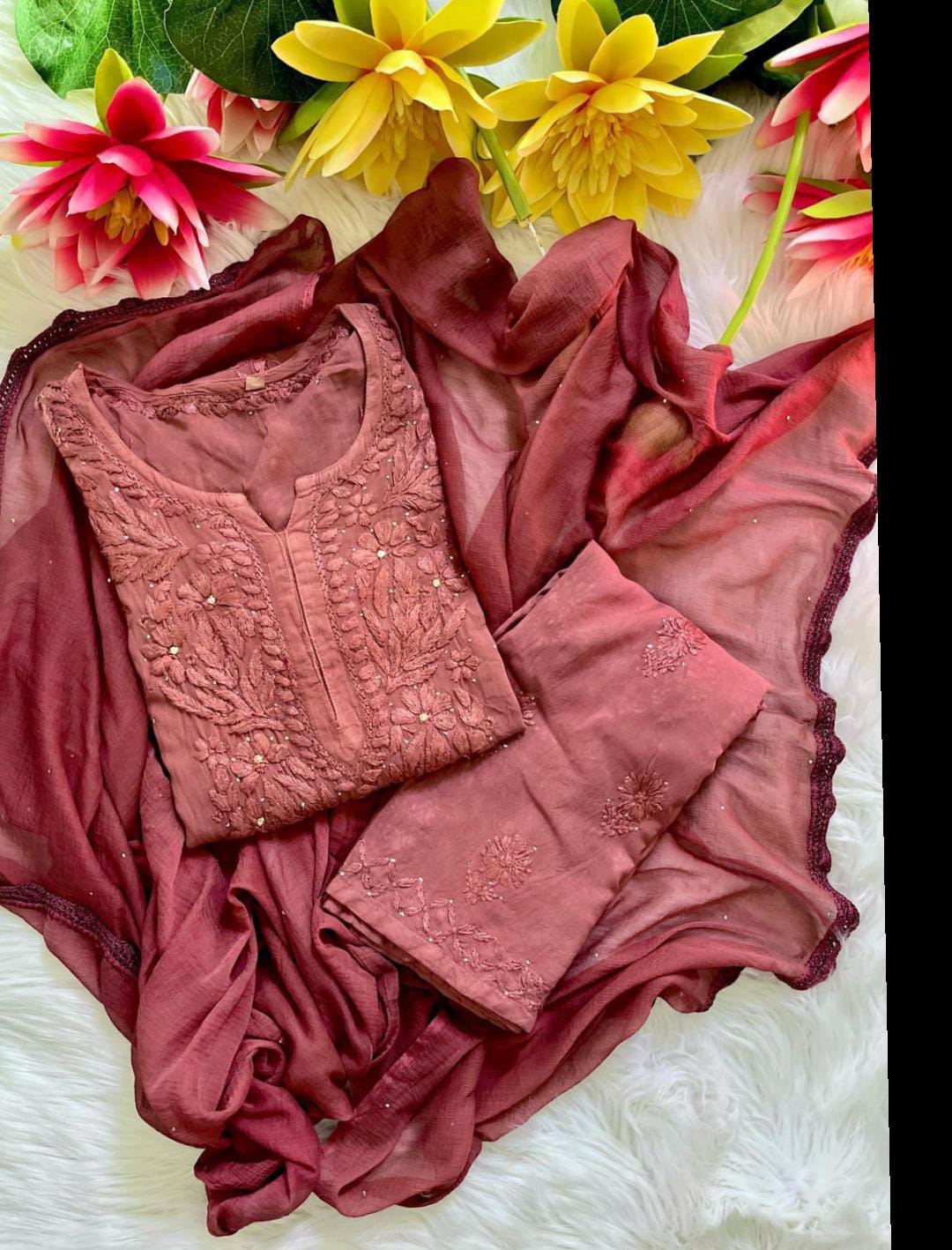 Muqaish Work Lucknowi Chikankari Handwork Rayon Kurti Palazzo Dupatta Set