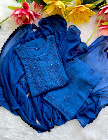 Muqaish Work Lucknowi Chikankari Handwork Rayon Kurti Palazzo Dupatta Set