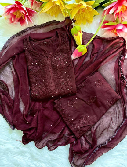 Muqaish Work Lucknowi Chikankari Handwork Rayon Kurti Palazzo Dupatta Set