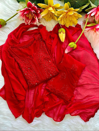 Muqaish Work Lucknowi Chikankari Handwork Rayon Kurti Palazzo Dupatta Set