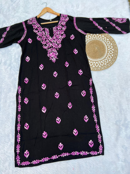 Black Handcrafted Chikankari Kurti with Dual Thread Work | Lucknowi Cotton Kurti for Women