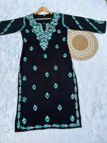 Black Handcrafted Chikankari Kurti with Dual Thread Work | Lucknowi Cotton Kurti for Women
