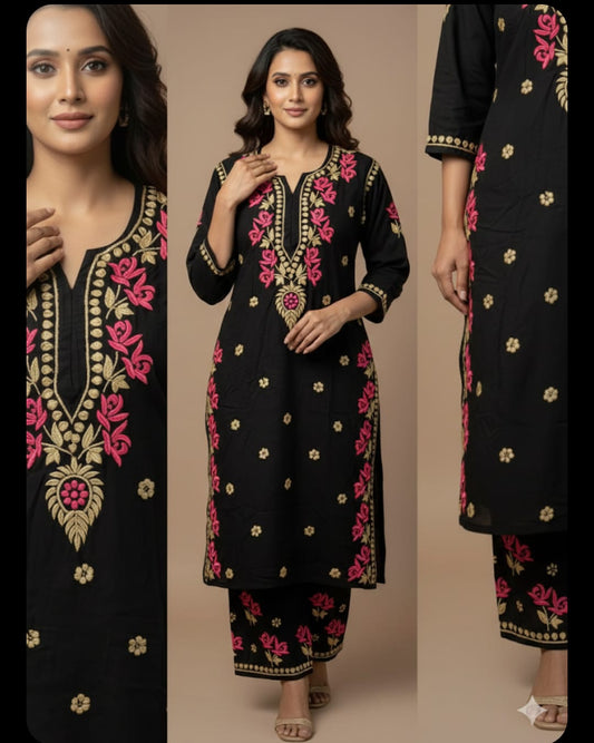 Rayon Fabric Rose Motif Dual Thread Shade Chikankari Kurta Set