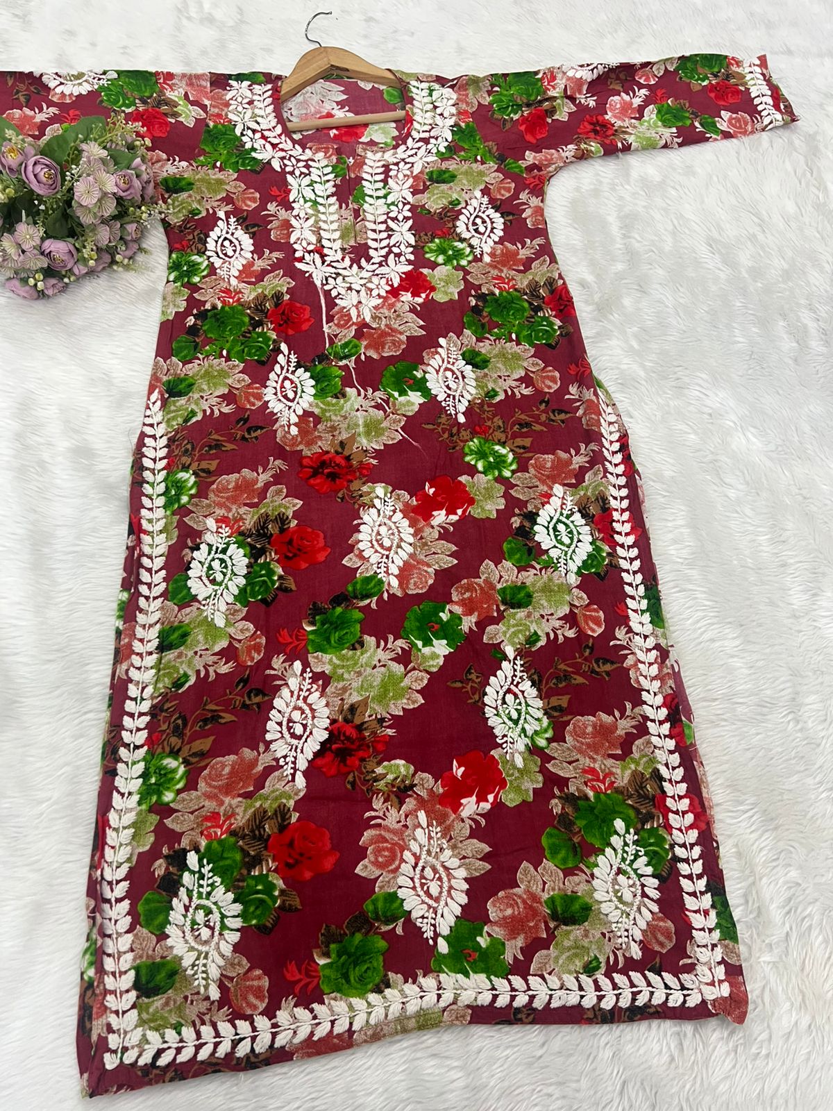 Hand Embroidered Lucknowi Chikankari Floral Kurti