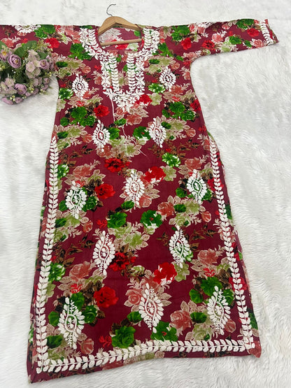 Hand Embroidered Lucknowi Chikankari Floral Kurti
