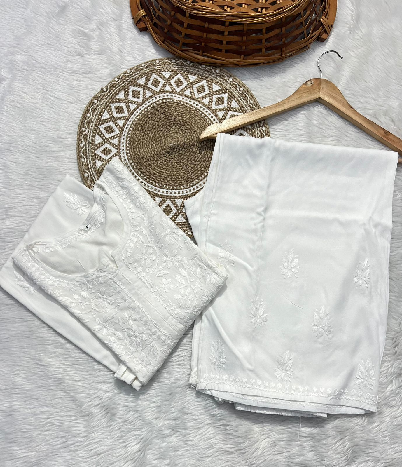 Handwork Rayon Fabric White Kurti Palazzo Set