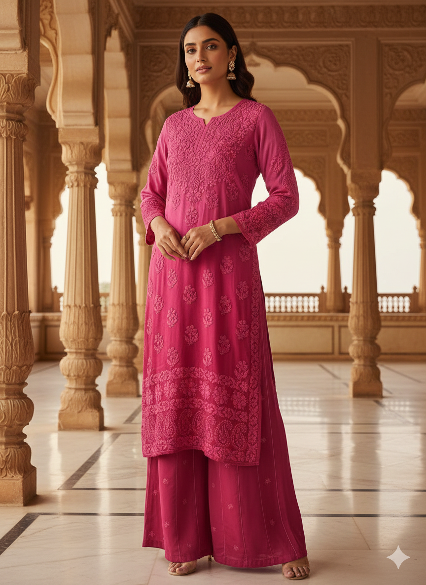 Roohaniyat Ombre Viscose Handwork Kurti & Palazzo Set – Premium Chikankari Elegance