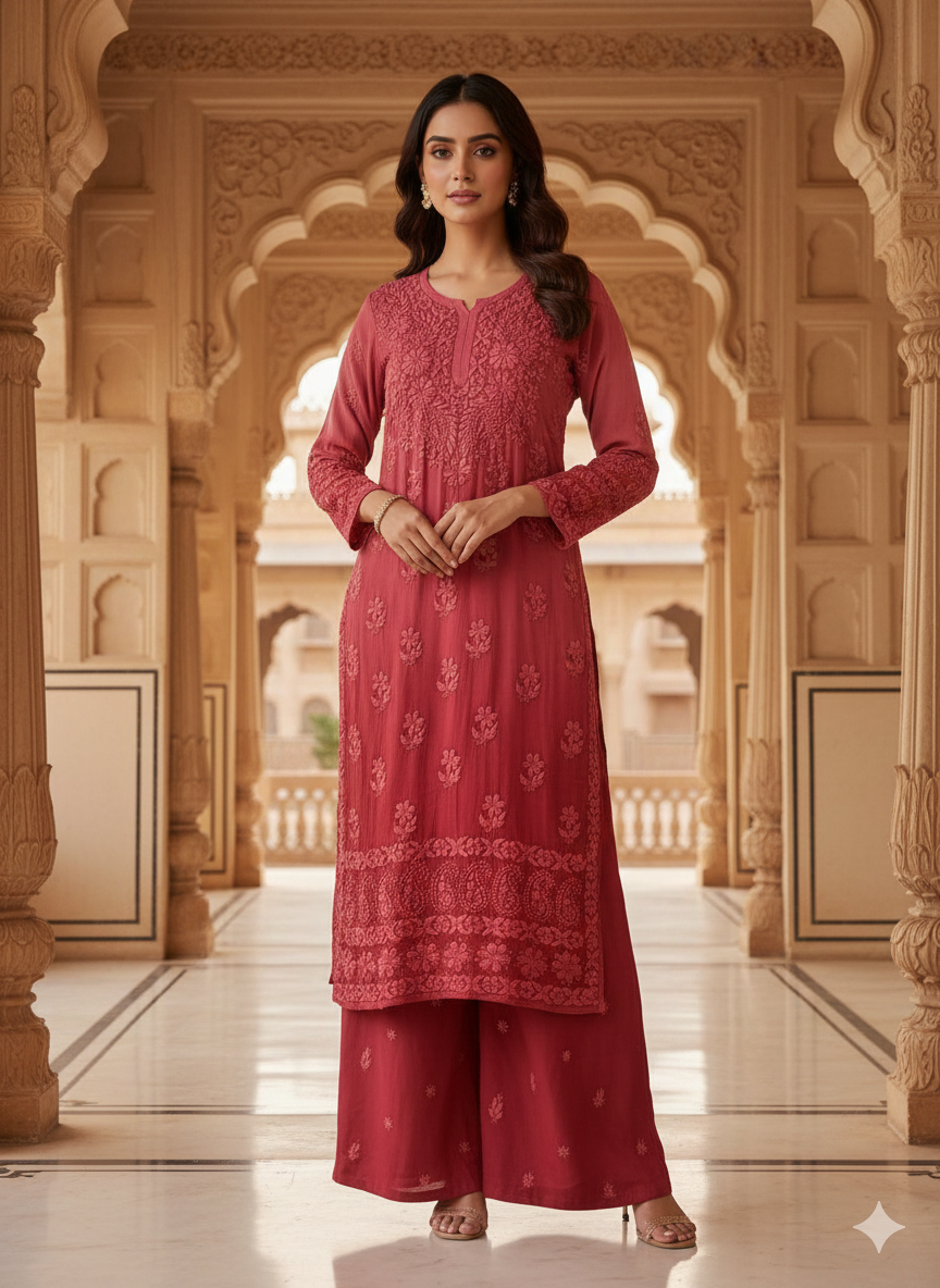Roohaniyat Ombre Viscose Handwork Kurti & Palazzo Set – Premium Chikankari Elegance