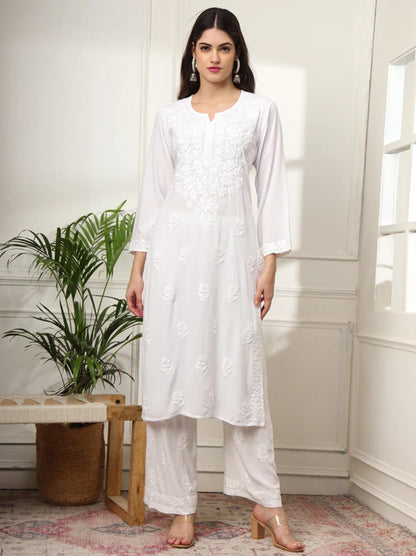 Handwork Rayon Fabric White Kurti Palazzo Set