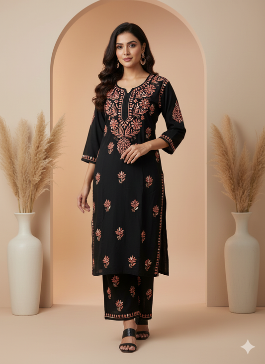 Chikankari Handwork Rayon Kurti Palazzo Set with Shaded Thread Work