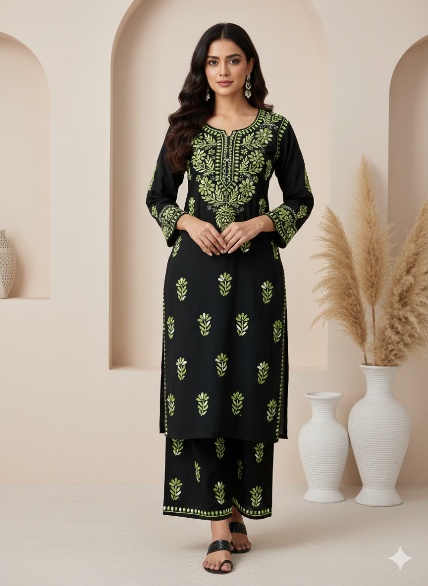Chikankari Handwork Rayon Kurti Palazzo Set with Shaded Thread Work