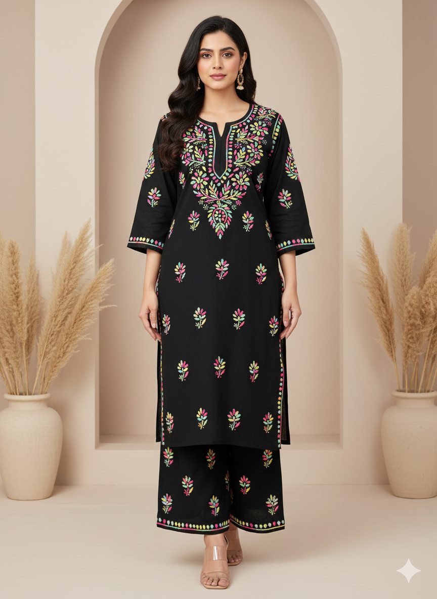 Chikankari Handwork Rayon Kurti Palazzo Set with Shaded Thread Work