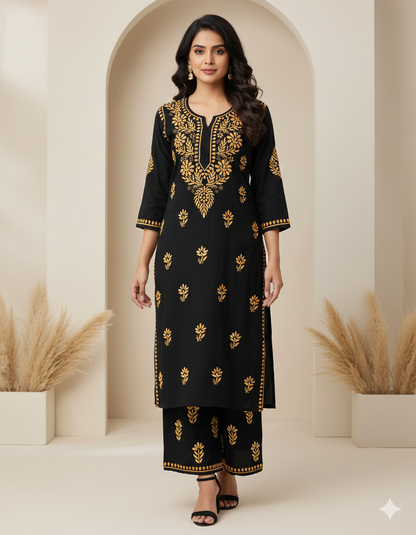 Chikankari Handwork Rayon Kurti Palazzo Set with Shaded Thread Work