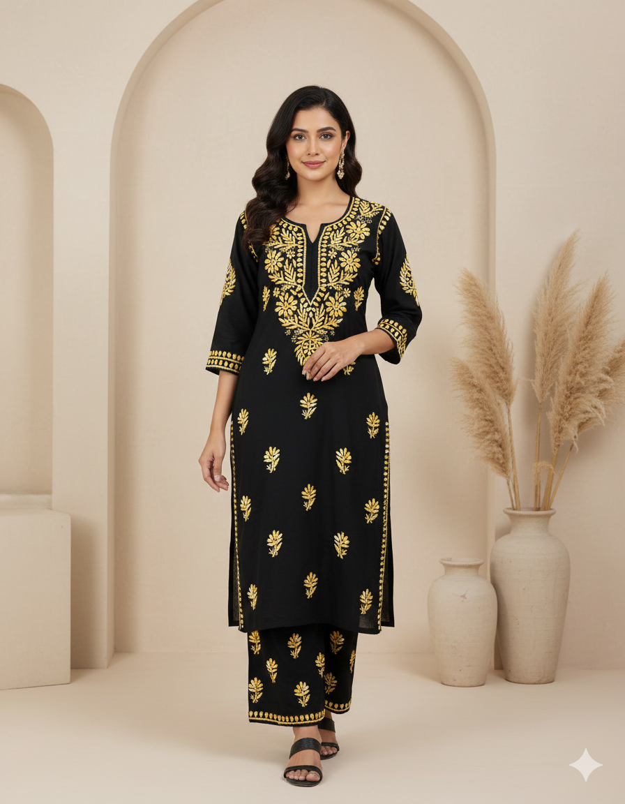 Chikankari Handwork Rayon Kurti Palazzo Set with Shaded Thread Work