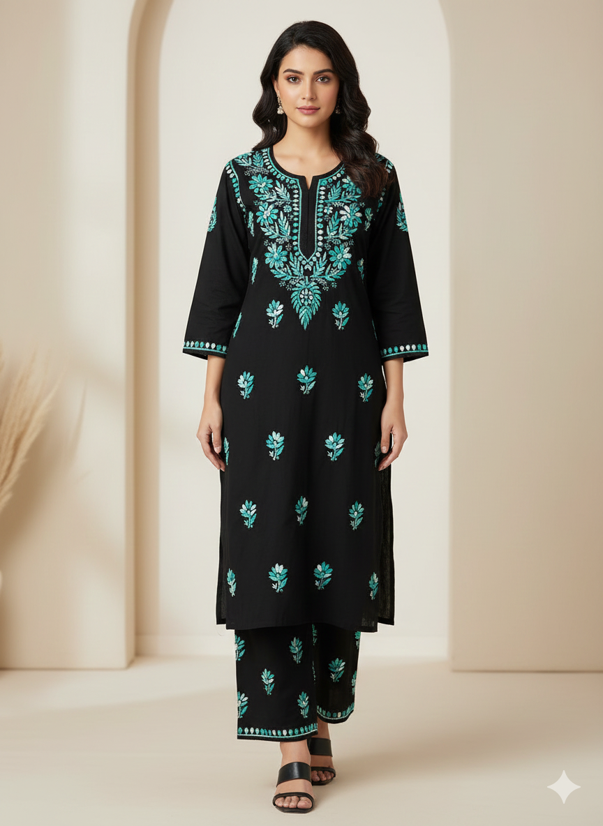 Chikankari Handwork Rayon Kurti Palazzo Set with Shaded Thread Work