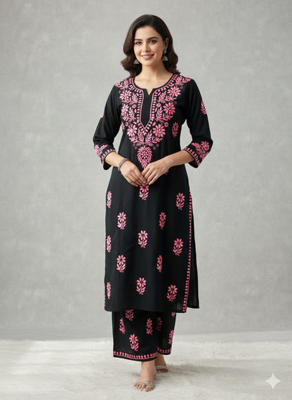 Chikankari Handwork Rayon Kurti Palazzo Set with Shaded Thread Work