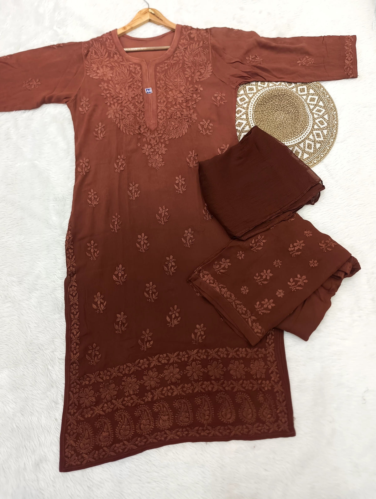 Premium Viscose fabric handwork chikankari kurti palazzo dupatta set