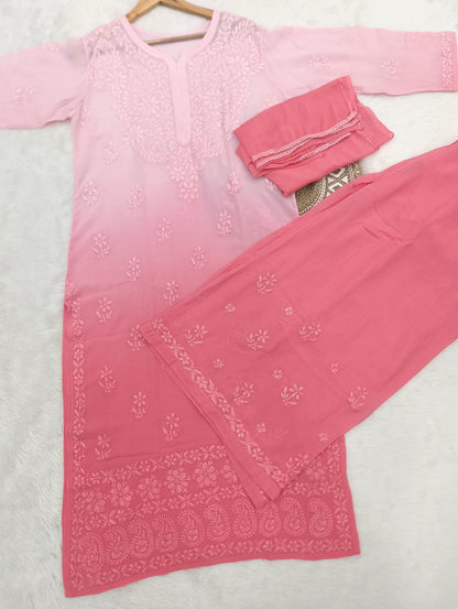 Premium Viscose fabric handwork chikankari kurti palazzo dupatta set
