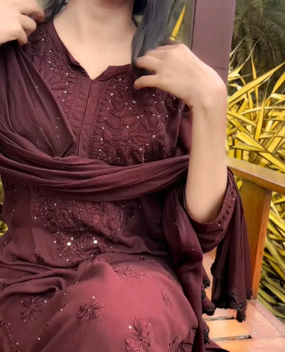 Muqaish Work Lucknowi Chikankari Handwork Rayon Kurti Palazzo Dupatta Set