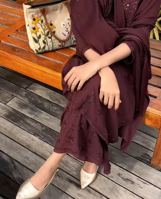 Muqaish Work Lucknowi Chikankari Handwork Rayon Kurti Palazzo Dupatta Set