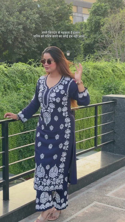 Hemlata Rayon Fabric Hand Crafted Chikanakri Kurti Palazzo Set