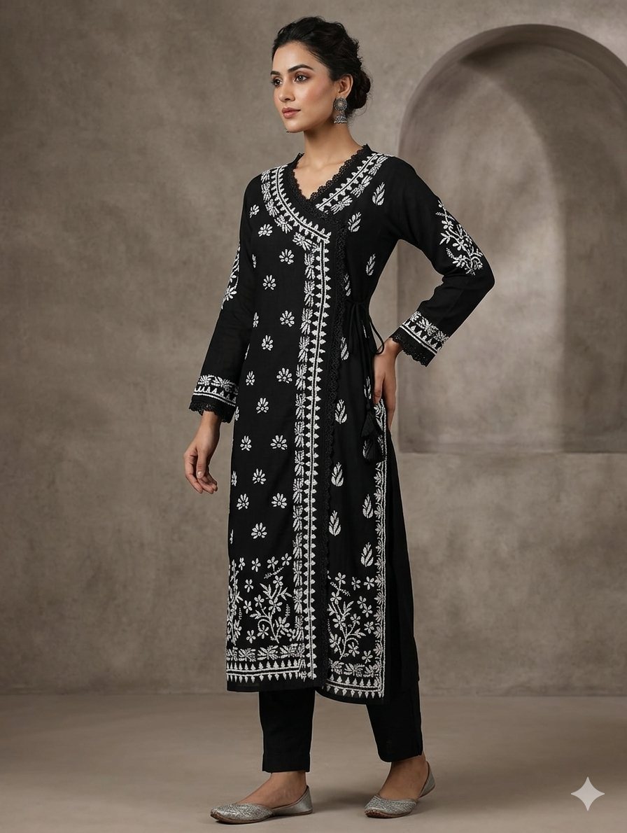 Black Rayon Chikankari Handwork Angrakha Kurta with beautiful Lucknowi handwork Embroidery for Women