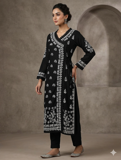 Black Rayon Chikankari Handwork Angrakha Kurta with beautiful Lucknowi handwork Embroidery for Women