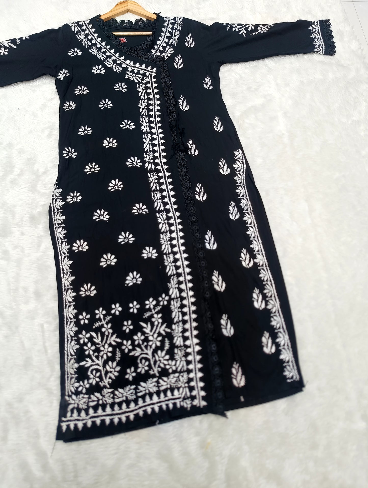 Black Rayon Chikankari Handwork Angrakha Kurta with beautiful Lucknowi handwork Embroidery for Women